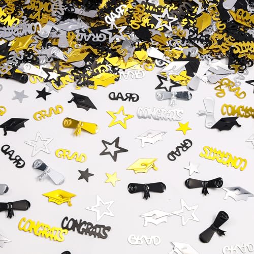 Image of Silver Gold and Black Graduation Confetti 2026, 1000 Pcs Congrats Grad Confetti Class of 2026 Party Table Centerpiece for Graduation Party Decorations