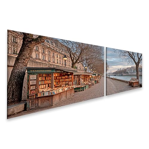 islandburner Quadro su tela bancarelle sulla riva della Senna a Parigi – Quadro da parete per gli amanti dei libri – 2 pezzi – edizione A3