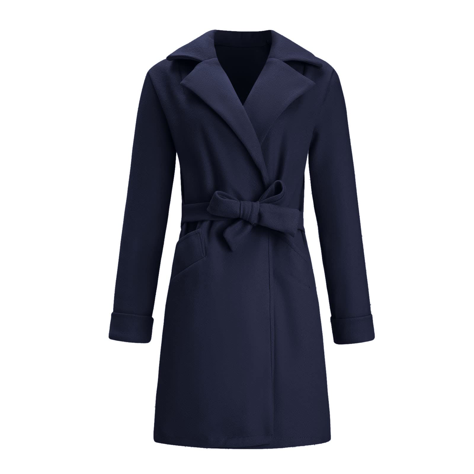 Trench épais pour femme avec col à revers ouvert sur le devant, élégant couleur unie, manteau d'extérieur pour femme, manteau polaire en laine avec poches de ceinture