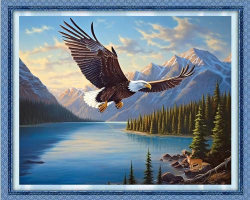 Image of Dimxvean Stamped Cross Stitch Kits,Cross Stitch Kits for Adults Beginners,Embroidery Kits Full Range of Cross Stitch Stamped Kits Needlepoint Kits Cross Stitch Patterns-Eagles foraging lake 16x20 inch