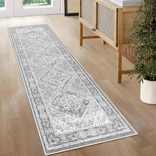 KUTA Oriental Washable Runner Rug, 2x6 Runners for Hallways Non-Slip Vintage Grey Kitchen Rugs Ultra Soft Printed Distressed Tribal Farmhouse Carpet for Laundry Bedroom Living Room