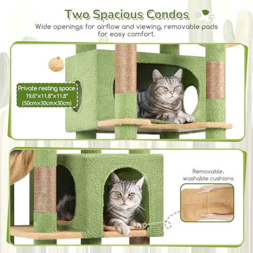 Image of Globlazer Cactus Heavy Duty Cat Tree, 74in Tall Sturdy Cat Tower for Large Cats Adult Big Cat Tree with 7 Scratching Posts, 2 Padded Spacious Condos, 2 Hanging Baskets, Enlarged Top Perch, S74, Green