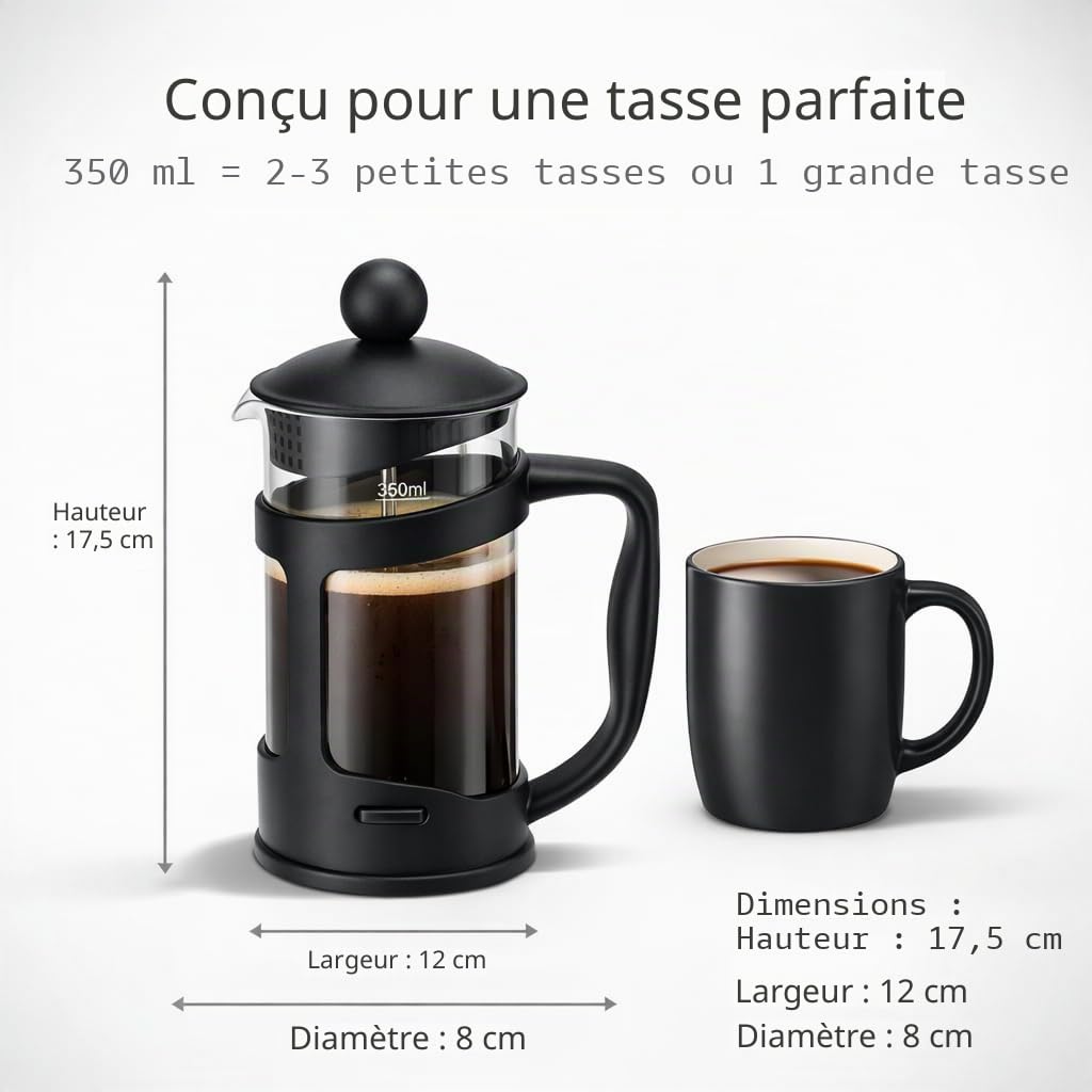 GLOW Classic Continental Cafetière noire 350 ml – Cafetière manuelle de qualité supérieure avec cafetière à piston en verre trempé résistant aux chocs et filtre à piston pour haricots moulus expresso