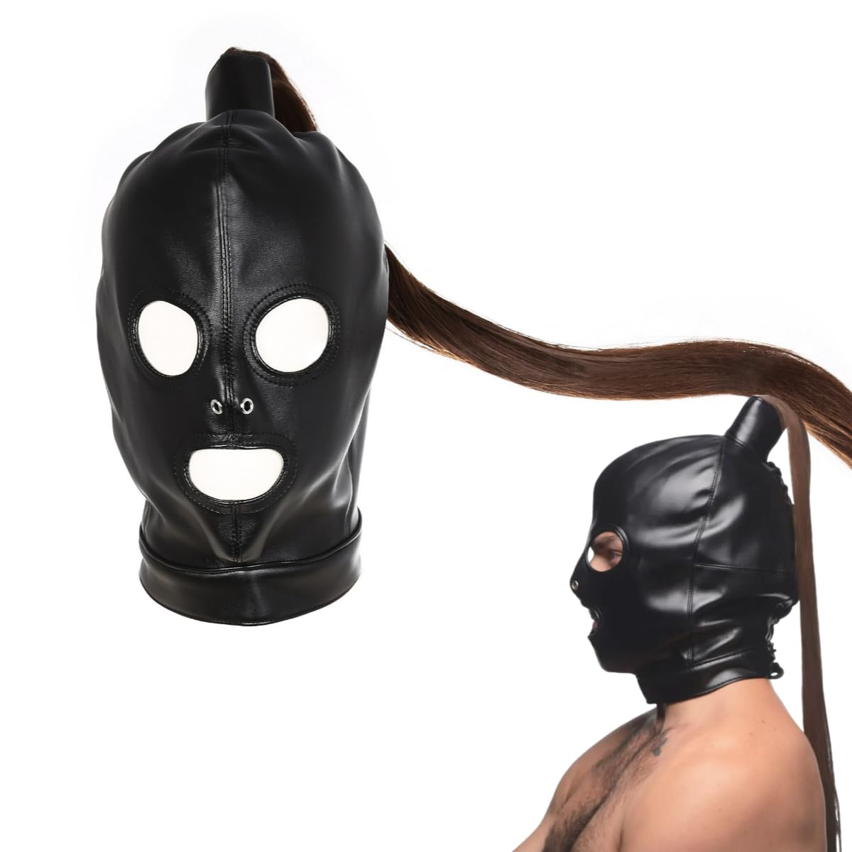 Masque de tête en cuir souple Avec Perruque Amovible Bondage BDSM Masque Fétiche Couvre-Tête pour les Yeux avec Laçag d'Halloween