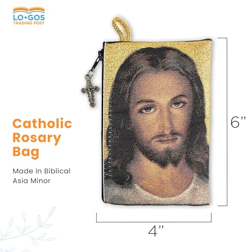 Image of Catholic Rosary Pouch, 4 inch x 6 inch Jewelry & Coin Purse with Cross, Small Woven Tapestry Icon Bag, Bolsa de Rosario Catolico para Joyeria, Virgin Mary and Baby Jesus & Face of Christ, 4 inch x 6 inch