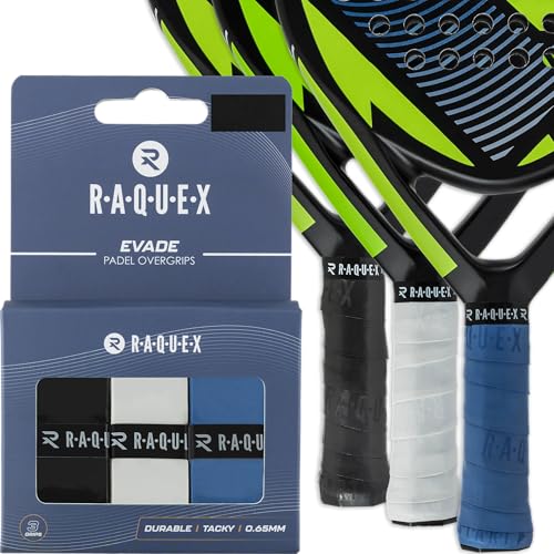 Raquex Cinta de sobreagarre Evade Palas de pádel - Negro, Blanco, Azul. Paquete de 3 Cintas de sobreagarre para pádel, 0,65 mm de Grosor, Absorbente, Ligeramente adherente, Antideslizante