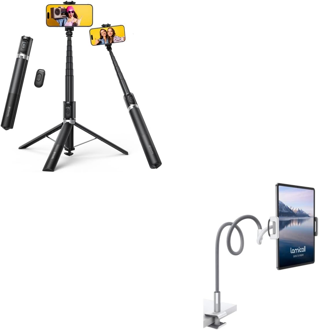 Lamicall Tap-to-Open Phone Tripod & Selfie Stick + Gooseneck Tablet Holder