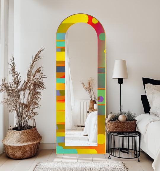 Specchio da pavimento a forma di cerchio astratto e strisce, lunghezza completa, specchio ad arco a tutta lunghezza, specchio da pavimento con cornice nera e cornice nera