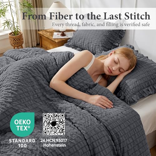Image of JOLLYVOGUE Dark Gray Queen Comforter Set, 3 Pieces Seersucker Bedding Comforter Sets, All Season Bed in a Bag Queen, Lightweight & Fluffy Queen Bedding Set with 1 Comforter, 2 Ruffle Pillowshams