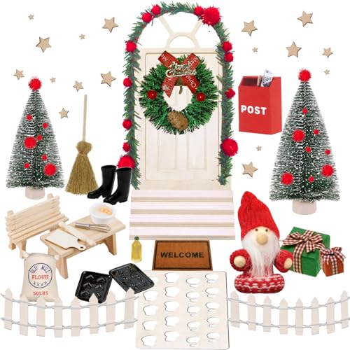 PUWOWYE 70 Piezas Puerta Elfo Navidad, Puerta Mágica Elfo Decoración Elfo Puerta de Navidad en Miniatura Accesorios Casa de Muñecas con Arbol de Navidad Guirnalda Buzón Cerca