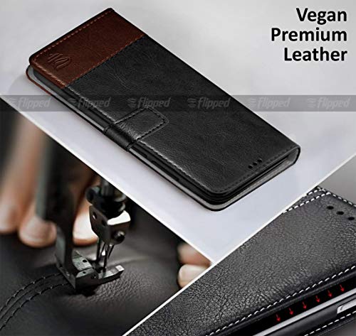 Image of FLIPPED Vegan Leather Flip Case Back Cover for iQOO 9 SE 5G (Flexible, Shock Proof | Hand Stitched Leather Finish | Card Pockets Wallet & Stand | Black with Brown)