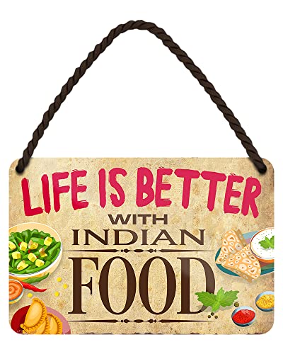 Life is better with Indian Food - Retro Deko Hängeschild mit Kordel und Saugnapf - Dekoration Küche India Restaurant - 18x12cm