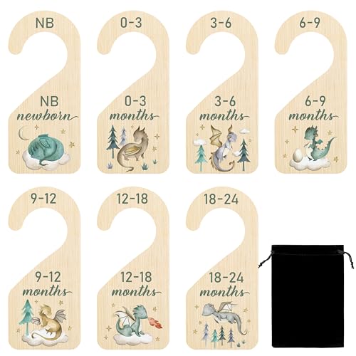 Image of R HORSE Wooden Baby Closet Dividers - 8Pcs Dragon Baby Closet Organizer, Double-Sided Newborn Clothes Size Hanger Dividers, Nursery Decor Birthday Gift for Boy Girl (0-24 Months)