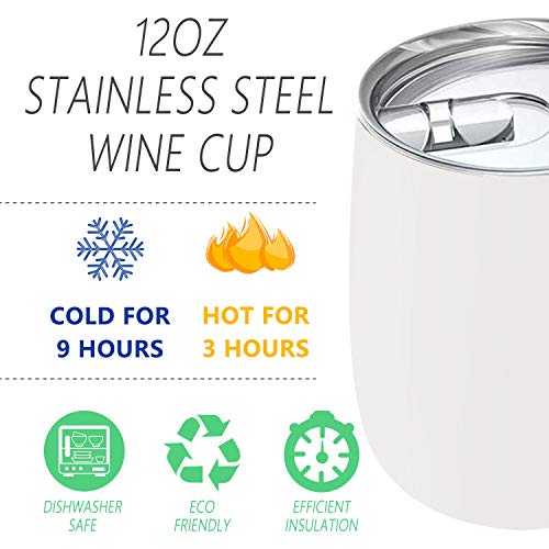 Stainless Steel Stemless Wine Glass Tumbler 12oz, Vacuum Insulated Double Wall Travel Coffee Mug Spill Proof, for Cocktail,Champaign,Beer (White, 12oz)