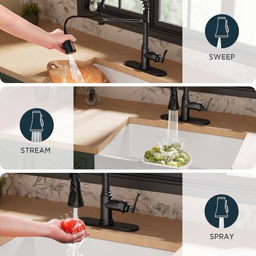 Image of FORIOUS Rustic Black Kitchen Faucet with Pull Down Sprayer, 3 Modes Stainless Steel High Arc Vintage Spring Sink Faucet 1 or 3 Holes for Pot Filler, Farmhouse Camper Wet Bar