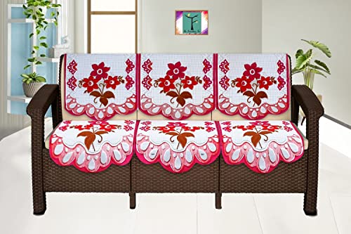 Image of The Furnishing Tree Cotton Floral Knitted Pattern 6 Pieces 3 Seater Sofa Cover Set Pink