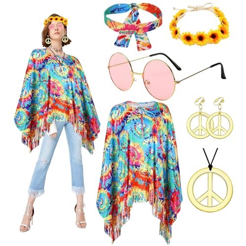 Smdbzda Disfraz Hippie para Mujer, Disfraz de Discoteca de Años 60 y 70, Set de Accesorios de Disfraz de Hippie Poncho Diadema Gafas de Sol Collar Pendientes, para Carnaval Disco Halloween