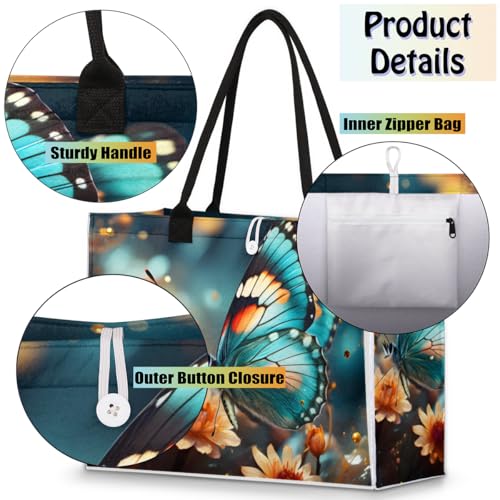 Rainy Butterfly Flower Tote Bag for Women Large Beach Bag Reusable Tote Bags for Work Travel Beach Shopping4
