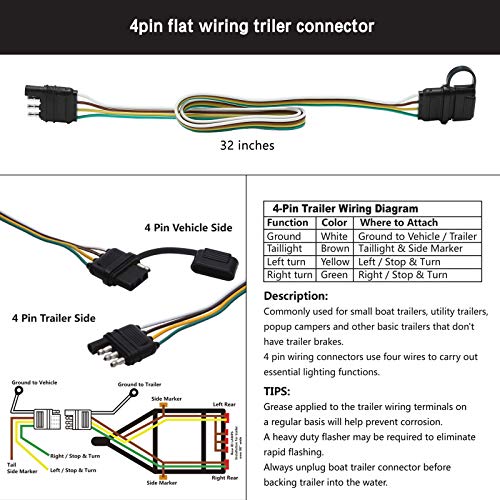 Image of Hoypeyfiy 4-Way 32 inch Flat Trailer Light Wiring Harness with Dust Cover 4 Wires 4 Pin Trailer Plug 4 pin Flat Wire Extension Male & Female Connector Replacement Connector for Trailer Hitch Wire