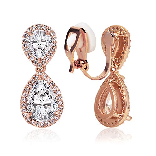A+O Clip on Earrings - Teardrop Drop Dangle Earrings in Rose Gold