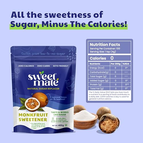 Image of Sweetmate Monk Fruit Powder - 400g | Zero Calorie Natural Sweetener | Keto Friendly | Plant-Based Sugar Substitute | Low GI & Diabetic Friendly
