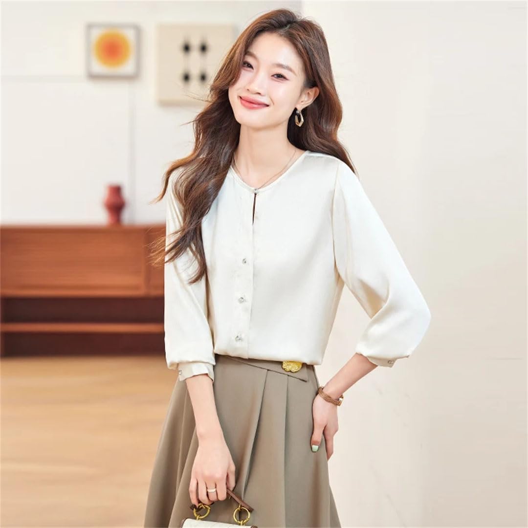 Blusa lisa para mujer, de manga larga, cuello redondo, de satén, para oficina, trabajo
