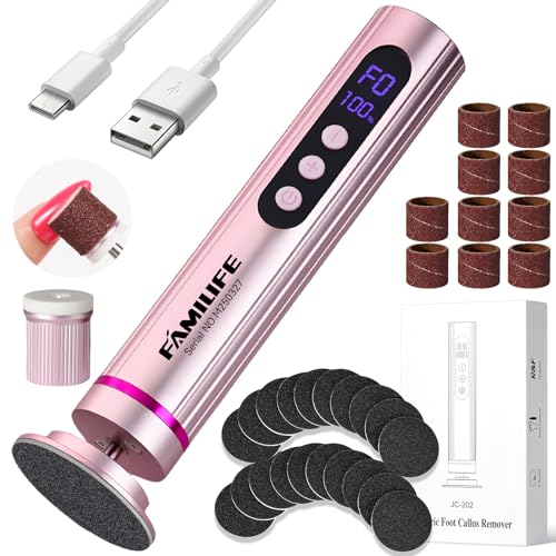 FAMILIFE Lima eléctrica para pies, herramienta de pedicura recargable con pantalla, discos de papel de lija reemplazables, rotación hacia adelante y hacia atrás, para hombres y mujeres