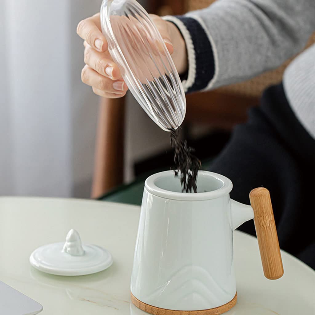 HSQMA Tasse À Thé en Céramique avec Couvercle, Tasse À Thé avec Poignée en Bois, Tasse À Thé avec Filtre pour La Maison Et Le Bureau， Convient pour Le Café, Le Thé Et Le Lait