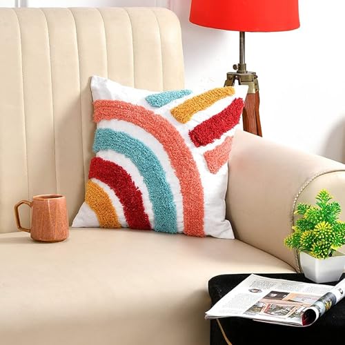Image of Tarantaran Tufted Decorative Throw Pillow Cover, Blue and White Geometric Pattern with Tassels, 40.6 x 40.6 cm, Modern Square Pack of 2 (Rainbow)