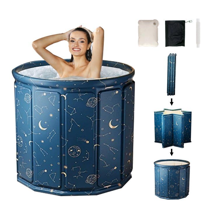 Bañera plegable para adultos, 80 x 65 cm, con cojín de asiento, tubo de drenaje y bolsa de almacenamiento, paredes aisladas para almacenar el calor, agujeros de drenaje dobles, ahorra espacio y se