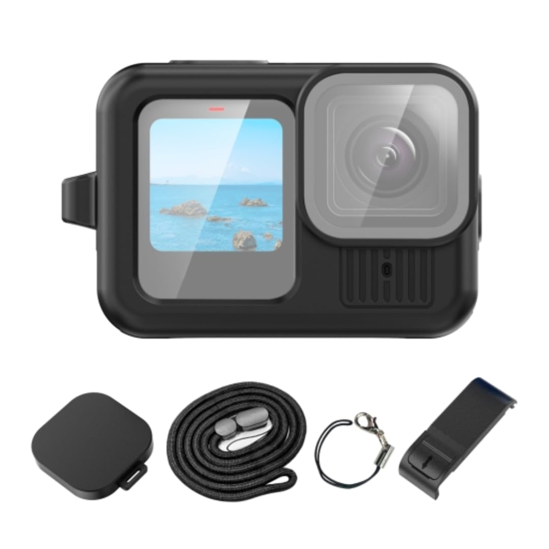 Compatiable for GoPro HERO13 Black Silicone Protective Case Side Interface Cover with Wrist Strap & Lens Cover (Silicone Case,Black)