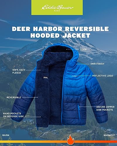 Image of Eddie Bauer Boys' Reversible Jacket - Waterproof Lightweight Fleece Lined Hooded Puffer Coat - Boys Outerwear Jacket (5-20)