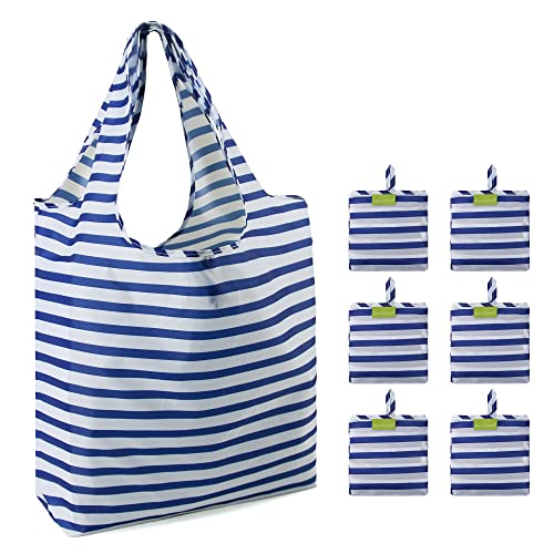 Beegreen Stripe Reusable Grocery Bags Foldable Bulk 6 Pack, Geometry Reusable Shopping Bags Extra Large 50Lbs Heavy Duty, Machine Washable Reusable Bags For Groceries Nylon #TOP13