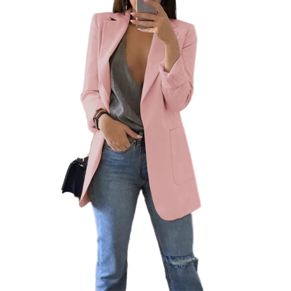 Canbebig Womens Casual Blazers Work Office Suit Open Front Long Sleeve Jackets Slim Elegant Casual Work Jacket Outerwear