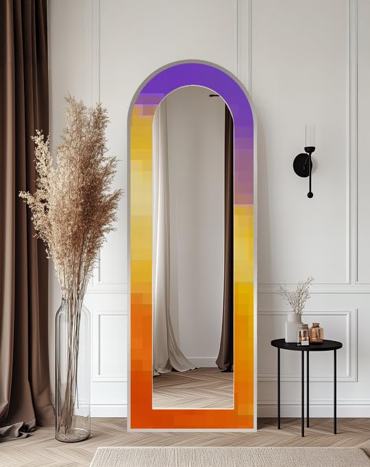 NeonGlow Radiance - Specchio da pavimento astratto ad arco a tutta lunghezza - Specchio da pavimento colorato a corpo intero con cornice nera con cornice argentata