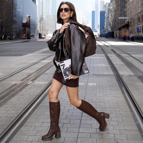 Image of Choiran Knee High Boots for Women - Platform Chunky Square Toe Tall Boots with Block Heeled Side Zipper, Fashion Long Gogo Boots for Spring Fall