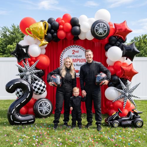 Image of TONIFUL Race Car Party Balloons Set - 40 Inch Racetrack Number 2 Foil Balloon with Checkered & Star Balloons for Boys 2nd Birthday Car Themed Decorations, Baby Shower Photo Backdrop Supplies