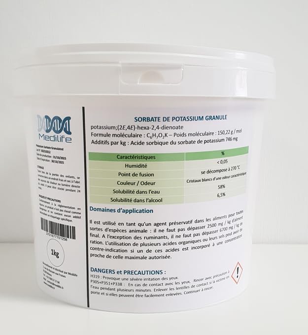 Medilife 1kg Sorbate DE Potassium Granule Grade Feed (E202) - Préservatif dans Les Aliments et pour appâts et bouillettes