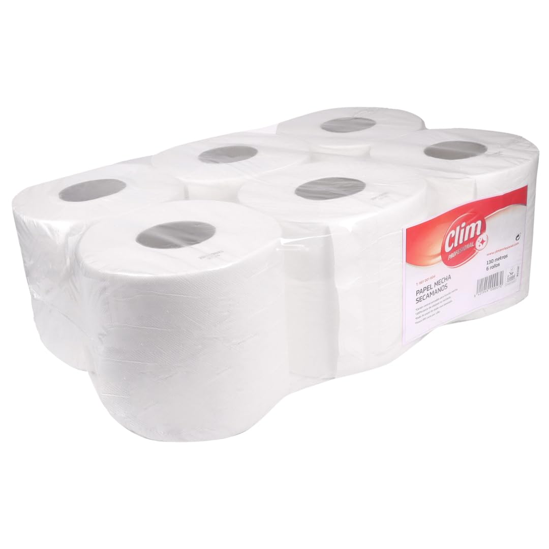 6 Rollos de Papel Secamanos Tipo Mecha Doble Capa Clim Profesional (Pack 6 Bobinas). 130 Metros por Rollo. Más de 390 Servicios. Máxima Resistencia y Absorción