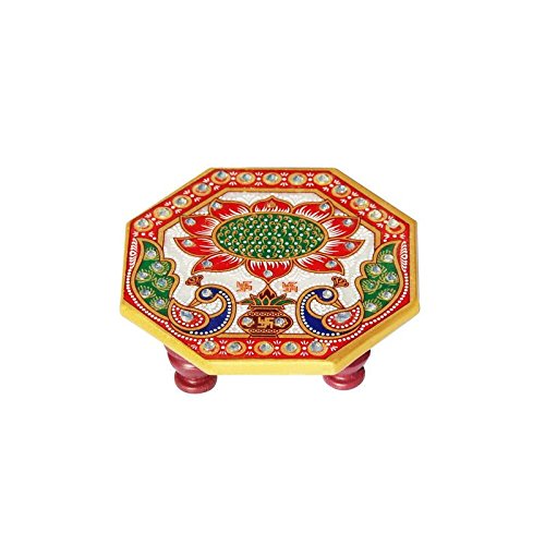 Handicrafts ParadiseMarble Octagonal Shape Puja Chowki Painted with Peacock Design and Kalash Used to Keep Pooja Items