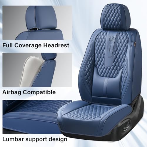 Image of Coverado Front Seat Covers, Car Seat Covers Front Seats, Nappa Leather Seat Covers for Cars, Waterproof Seat Covers with Lumbar Support Universal Fit for Most Cars SUV Trucks (Front, Blue)