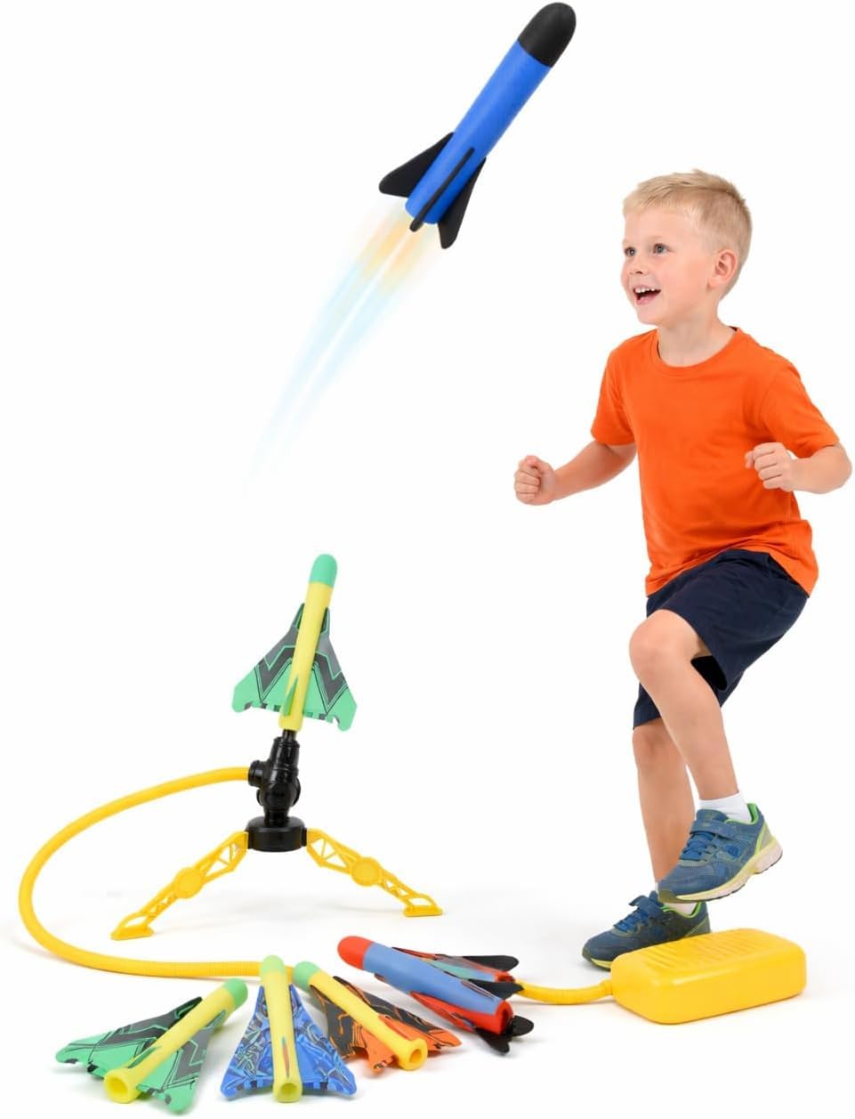 Little Bambino Flying Rocket Air-Powered Foam Rocket Launcher Toy Set for Kids, with 6 Rockets and Planes, Indoor and Outdoor, Garden Game Birthday Gifts, Ages 3+