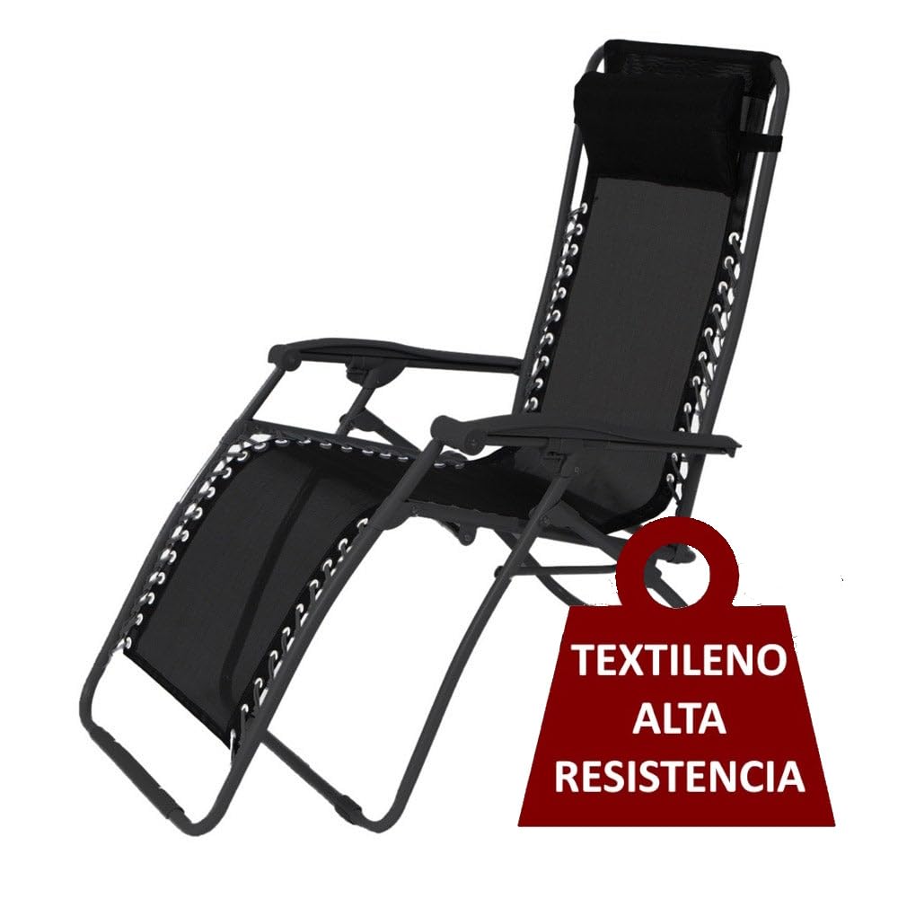 LOLAhome Sillón Tumbona Gravedad Cero Negro, Textileno Alta Resistencia | Reclinable con Bloqueo de Seguridad y Ligeras Acero, de 95x65x106 cm, Para Exterior, Jardín, Terraza, Piscina.