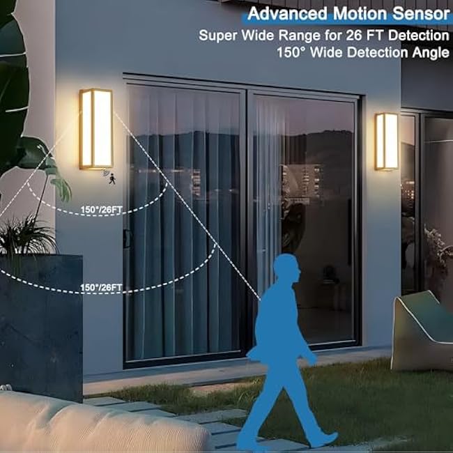 Motion Sensor Outdoor Wall Sconce LED 30W Aluminum - Gold Modern Exterior Light Fixture, 3000K Warm,IP65 Waterproof Rectangular Porch Lighting,for Patio,Garage,Front Door