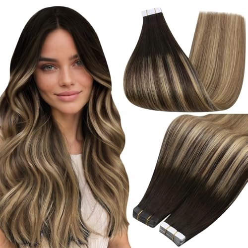 Full Shine Tape in Hair Extensions Human Hair Color 2 Brown Fading to 8 Ash Brown Highlight 27 Blonde 16Inch Invisible Tape in Extensions Human Hair Seamless Hair Extensions 50G 20Pcs Add Volume