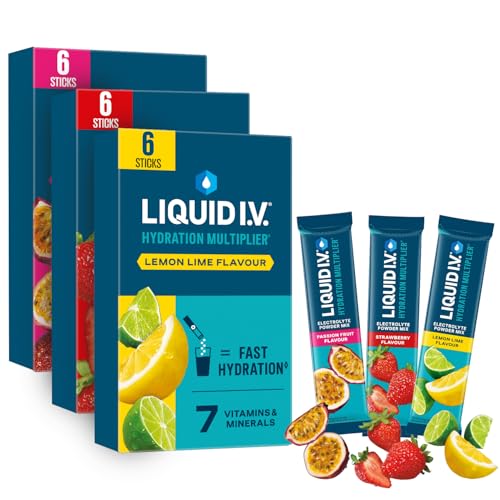 Liquid I.V. Hydration Multiplier Electrolyte Powder Pack Lemon Lime Passionfruit & Strawberry Electrolytes With 7 Vitamins & Minerals For Fast Hydration & Energy Vegan and Gluten Free 18 Sachets