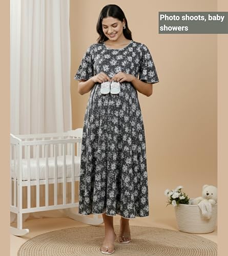 Image of DUMMY SHAPE Feeding Kurtis for Women Cotton Rayon | Printed Pregnancy Flare Kurta with Nursing Zippers to Pre & Post Partum | Maternity Dresses | Gifts for Pregnant Woman