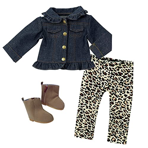 Sophia's Ruffle Denim Jean Jacket, Animal Print Leggings, and Brown Suede Ankle Boots with Zipper Outfit 3 Piece Set for 18