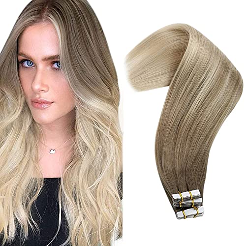 VeSunny Tape in Human Hair Extensions Balayage Platinum Blonde Human Hair Extensions Tape in Invisible Tape Hair Extensions #14 Dark Golden Blonde Balayage #60 Platinum Blonde 20pcs 50g 14inch