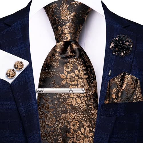 Image of Hi-Tie Brown Ties for Men Floral Jacquard Necktie and Pocket Square Lapel Pin Silver Tie Clip Cufflinks Set Wedding Business 6PCS
